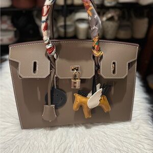 Hermes Birkin Elegant Taupe Handbag with Colorful Scarf Accents